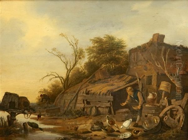 A Farmyard Scene Oil Painting by Dirck Wyntrack