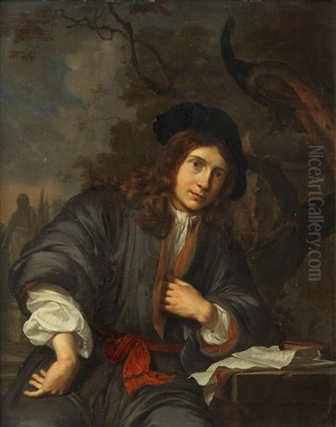 Portrait Of A Young Man, Three-quarter-length, Seated In A Garden With A Peacock Oil Painting by Mattheus Wytmans