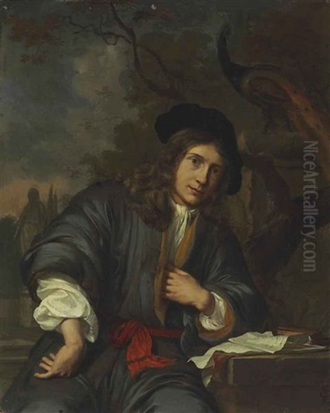 Portrait Of A Young Man, Three-quarter Length, Seated In A Garden With A Peacock Oil Painting by Mattheus Wytmans