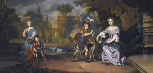 A Family Group Portrait: Two Young Girls With Their Two Brothers On The Terrace Of A Country House Near A Fountain Oil Painting by Mattheus Wytmans