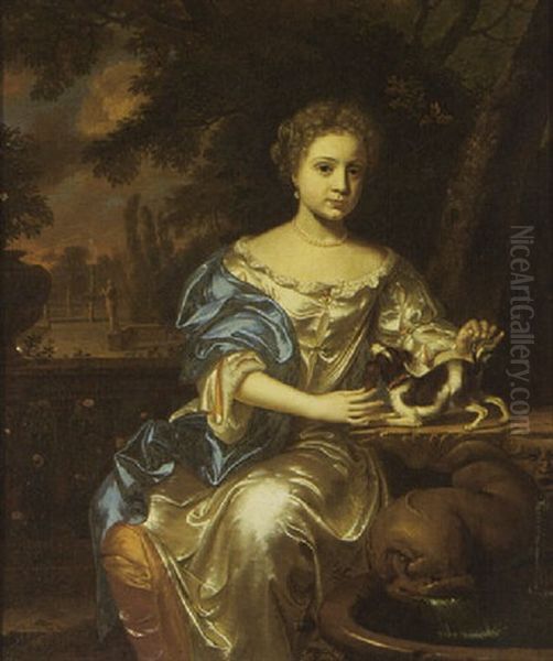 A Portrait Of A Young Lady Wearing A White Satin Dress With A Dog On A Table, With View Of A Garden Beyond Oil Painting by Mattheus Wytmans