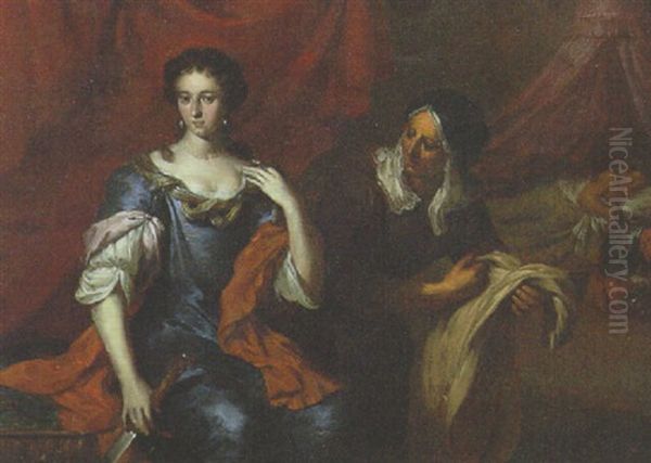 Portriat Of A Lady As Judith, In Dress And Wrap, Holding Sword, A Maid At Her Side Oil Painting by Mattheus Wytmans