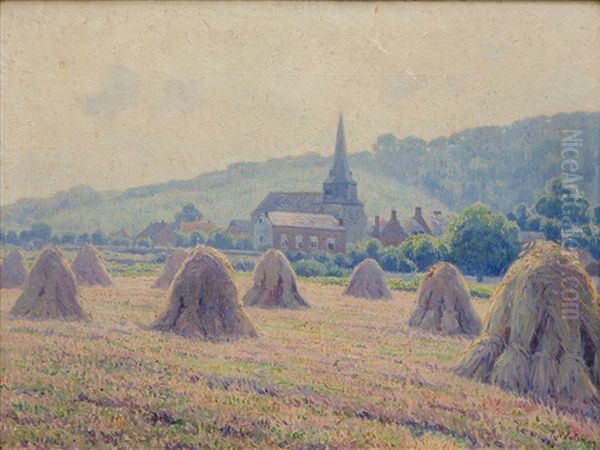 'dave, Les Gerbes' / Wheat Sheaves In The Belgian Village Dave-sur-meuse Oil Painting by Rodolphe Paul Wytsman