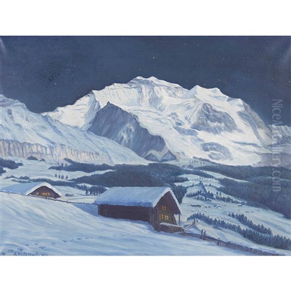 Winterlandschaft Mit Jungfraumassiv Im Mondlicht Oil Painting by Adolf Wyttenbach