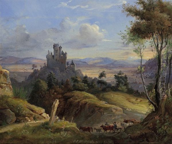 Schafer Mit Seiner Herde Vor Weiter Landschaft Mit Burganlage Oil Painting by Friedrich Anton Wyttenbach