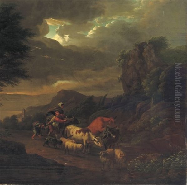 An Italianate Landscape With A Peasant Family In A Thunder Storm Oil Painting by Franciscus Xavery