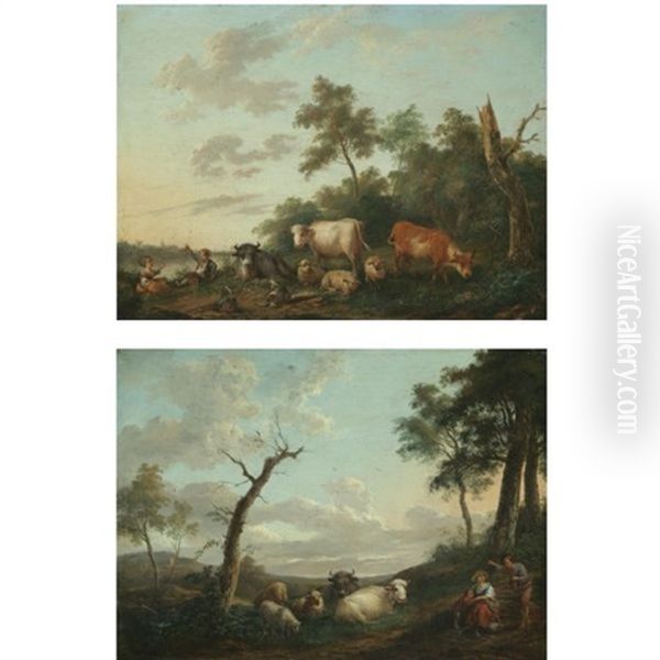 A Landscape With Peasants And Their Herd Resting Near A River (+ A Landscape With Shepherds And A Child Resting Together With Their Herd; Pair) Oil Painting by Franciscus Xavery