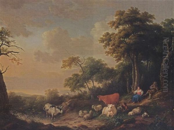 A Wooded Landscape With A Shepherd Playing A Flute And A Shepherdess Spinning Under A Tree, Their Herd Resting In The Foreground Oil Painting by Franciscus Xavery