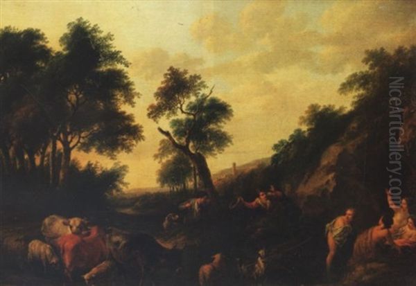 An Italianate Landscape With Shepherds Surprising Nymphs Bathing At A Stream Oil Painting by Franciscus Xavery