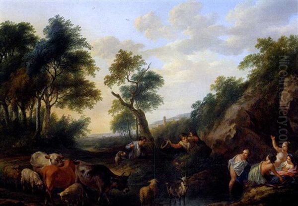 Badende Madchen In Einer Waldlandschaft Von Zwei Jungen Hirten Uberrascht Oil Painting by Frans Xaverius Xavery