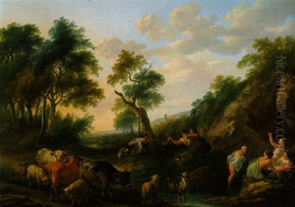 Badende Madchen In Einer Waldlandschaft Von Zwei Jungen Hirten Uberrascht Oil Painting by Frans Xaverius Xavery