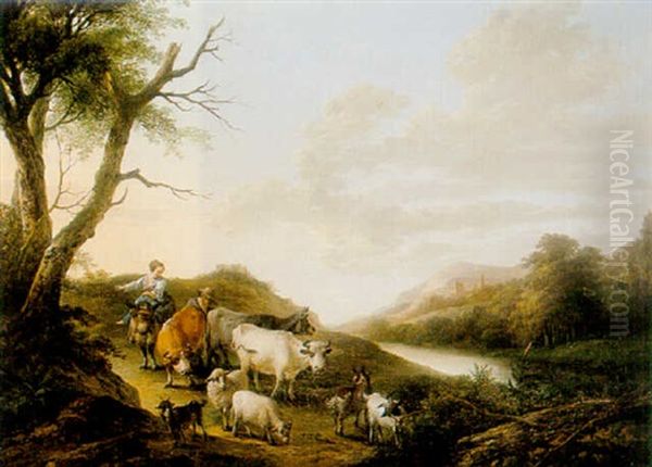 An Italianate Landscape With A Shepherd And His Herd, And A Girl Riding A Donkey Oil Painting by Frans Xaverius Xavery