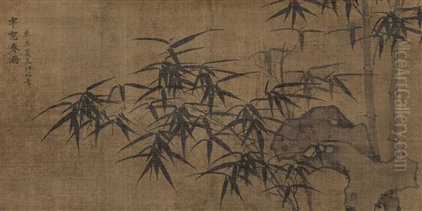 Ink Bamboo And Rock Oil Painting by  Xia Chang