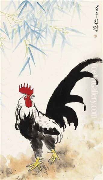 Rooster Under Bamboo Oil Painting by  Xu Beihong