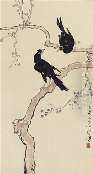 Two Mynas On A Tree Branch Oil Painting by  Xu Beihong