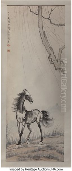 A Chinese Pictorial Scroll Painting With Horse Motif Attributed To Xu Beihong Oil Painting by  Xu Beihong