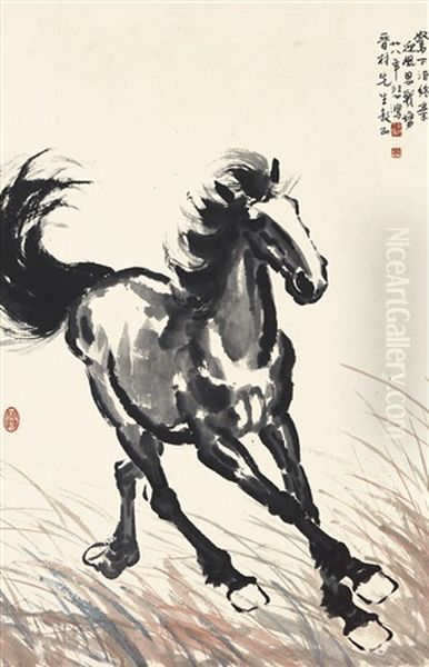 Running Horse On Grassland Oil Painting by  Xu Beihong