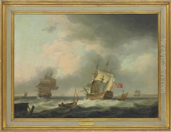 A '74' And A Frigate In A Stiff Breeze In The Channel Oil Painting by Charles Brooking