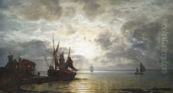 Nachtliche Meereskuste Mit Segelschiffen Bei Mondschein Oil Painting by Wilhelm Ferdinand Xylander