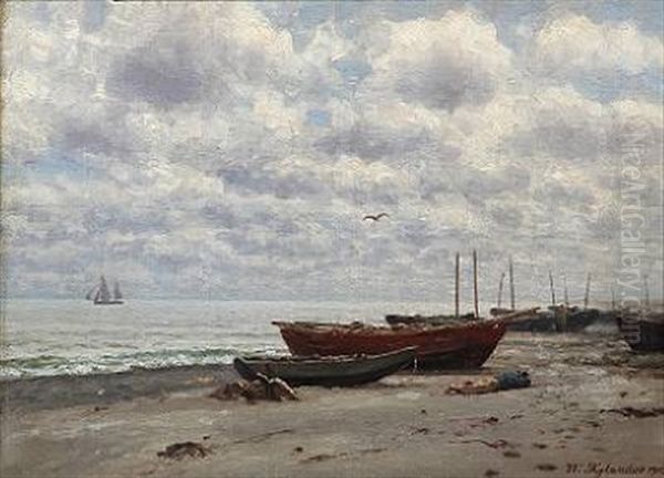 Beach Scene With Rowing Boats And A Sleeping Fisherman Oil Painting by Wilhelm Ferdinand Xylander