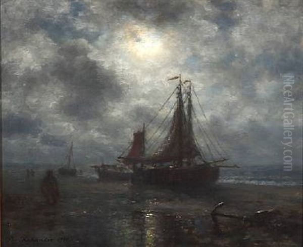 Drawn Up Fishing Boats On The Beach In Moonlight Oil Painting by Wilhelm Ferdinand Xylander