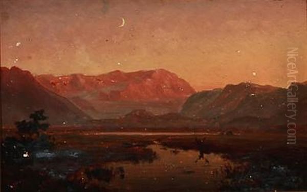 South German Landscape (+ Romantic Landscape In Moonlight, Verso) Oil Painting by Wilhelm Ferdinand Xylander