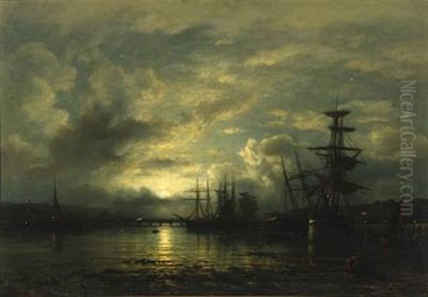 In The Port Of Teignmouth, Moonlight Scene From Devon Oil Painting by Wilhelm Ferdinand Xylander