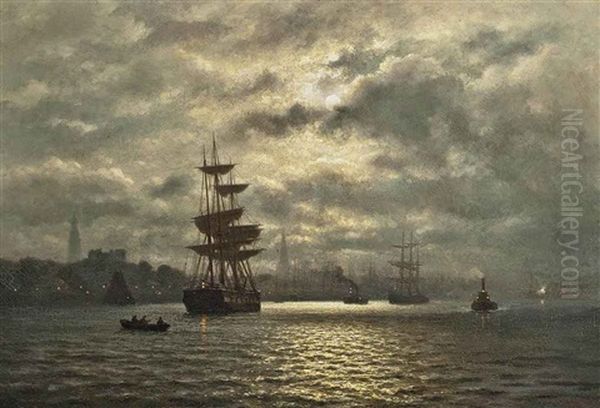 Hamburg Harbor Under The Moon by Wilhelm Ferdinand Xylander