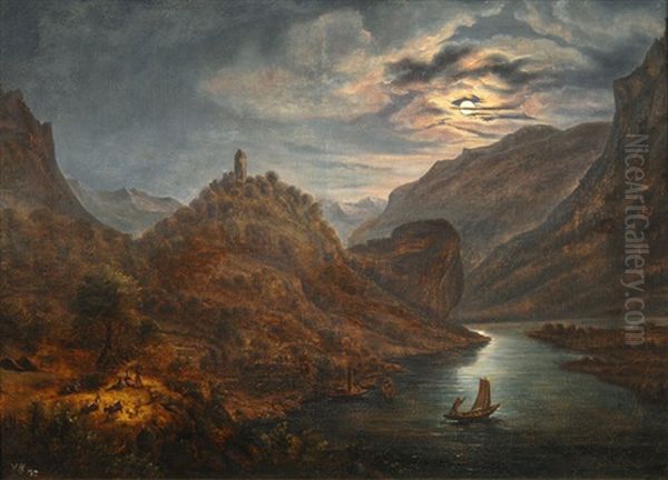 Ideal Fluvial Landscape In Moonlight Oil Painting by Wilhelm Ferdinand Xylander