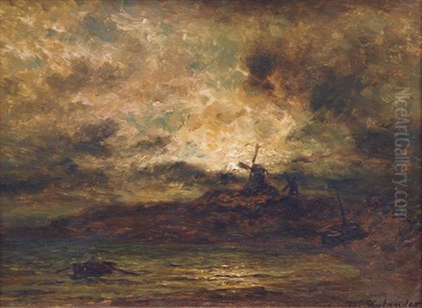 Fisherman In A Moonlit Landscape Oil Painting by Wilhelm Ferdinand Xylander