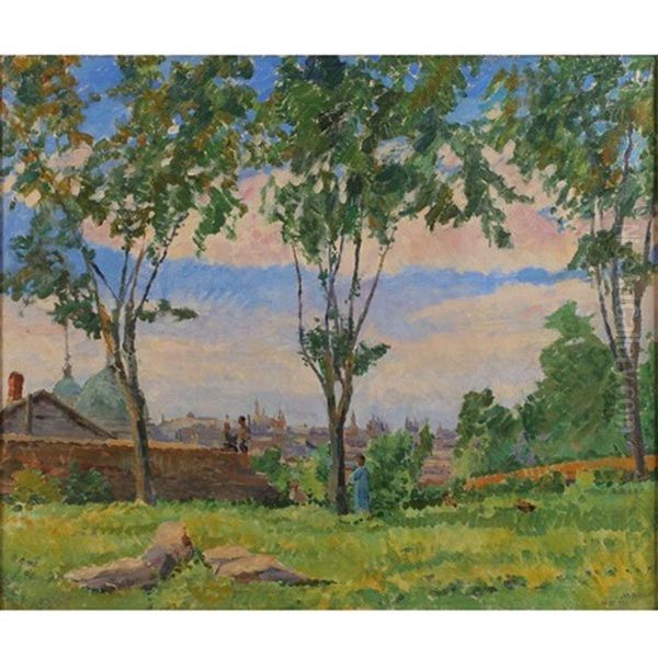 Spring: Figures In Landscape With Village Behind Oil Painting by Mikhail Nikolaevich Yakovlev