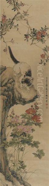 A Chinese Painting Of Cat And Flowers Oil Painting by  Yan Bolong