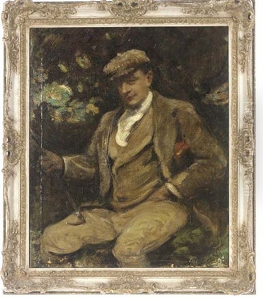 Portrait Of A Gentleman Seated Wearing A Cap And Holding A Riding Crop Oil Painting by Frederic Yates