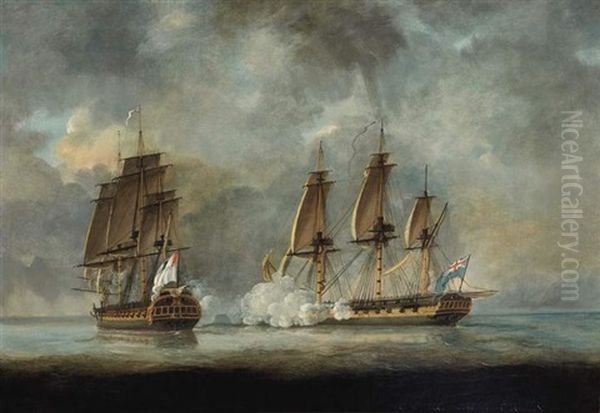 Naval Engagement Oil Painting by Thomas Yates