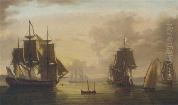 A Squadron Of The White Lying At Anchor And Drying Their Sails In Gibraltar Bay Oil Painting by Thomas Yates