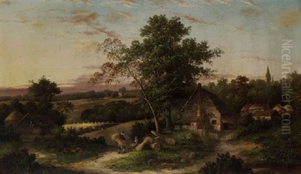 Gathering Hay By The Cottage Oil Painting by William Henry Yates