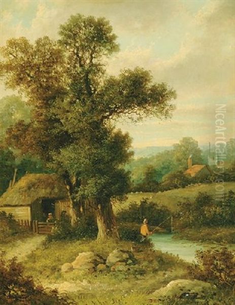 Angling By The Cottage Oil Painting by William Henry Yates