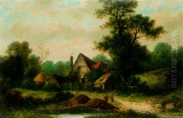 A Country View Of A Timbered House And A River With Figures In Foreground Oil Painting by William Henry Yates