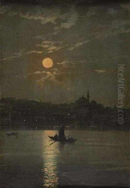 Felouques Sur Le Bosphore Au Clair De Lune Oil Painting by Garabet Yazmaciyan