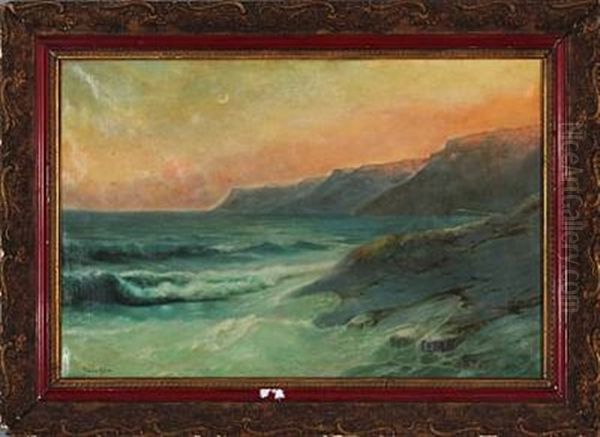 Coastal Scene In Moonlight Oil Painting by Garabet Yazmaciyan