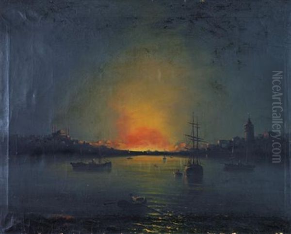 Galata Kulesi Ve Gemiler Oil Painting by Garabet Yazmaciyan