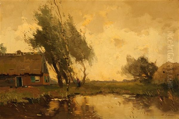 Farm In A Polder Landscape Oil Painting by Egnatius Ydema