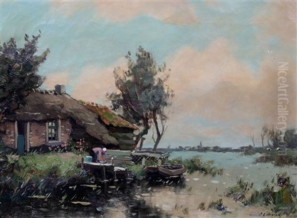 Polderlandschap Met Boerderij Langs Vaart Oil Painting by Egnatius Ydema