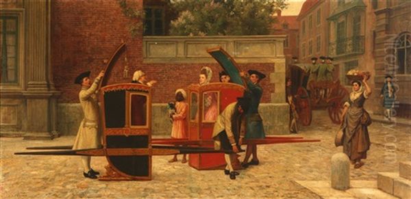 The Latest Scandal, Two Figures In Litters Meeting On A Street Oil Painting by William Frederick Yeames