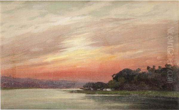 Sunset Over A Lake Oil Painting by Raymond Dabb Yelland