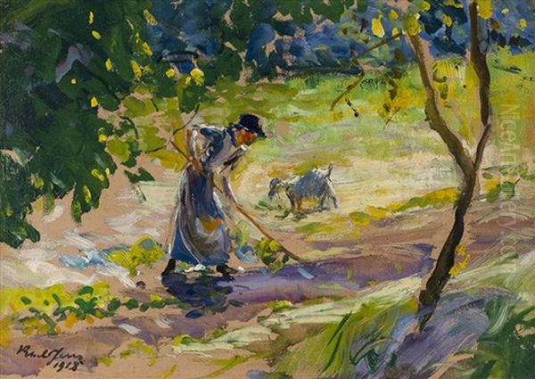 The Tiller, Woman With Goat Working In A Field Oil Painting by Karl Yens