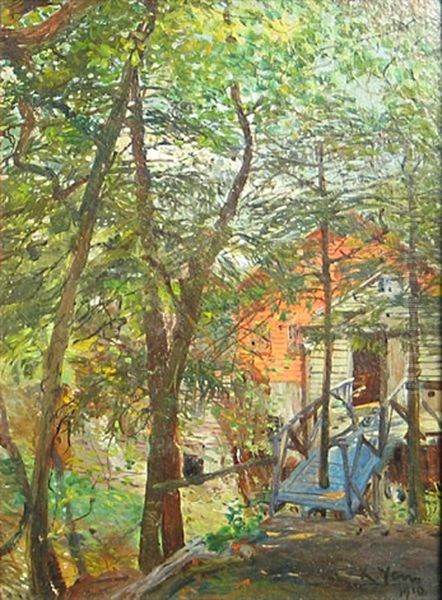 A Blue Footbridge To A Cabin In The Woods Oil Painting by Karl Yens