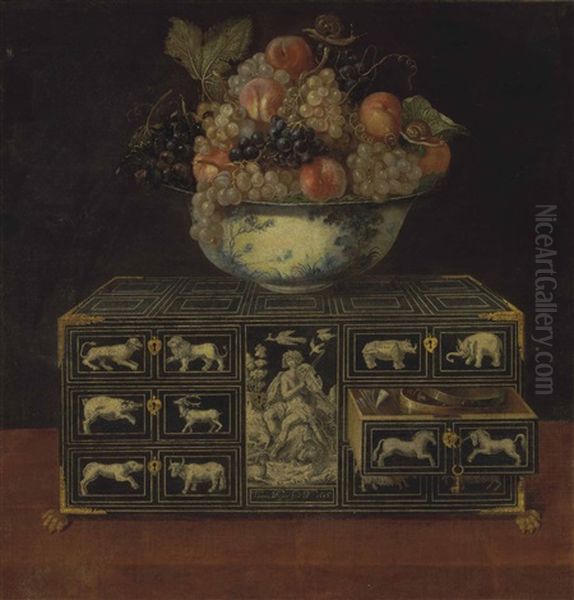 Grapes, Peaches And A Snail In A Chinese Porcelain Bowl Atop A Gilt And Inlaid Cabinet Oil Painting by Tomas Yepes