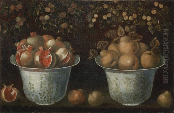 Two Bell-shaped Pots With Flared Rims With Pears And Pomegranates On A Ledge Oil Painting by Tomas Yepes