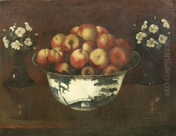 Apples In A Chinese Porcelain Bowl On A Table-top With Vases Of Flowers Oil Painting by Tomas Yepes